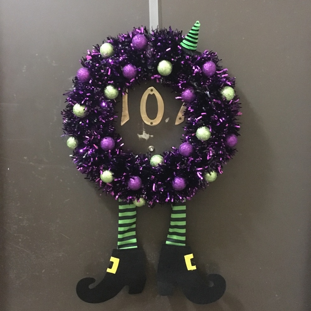 Purple, black, and green Halloween tinsel wreath